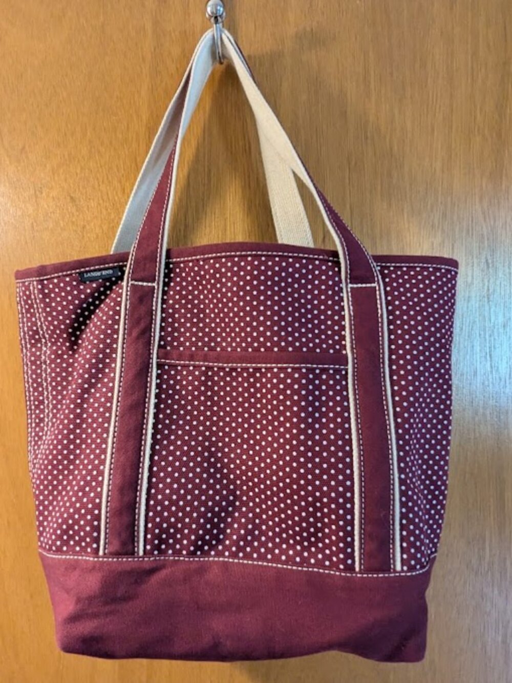 Lands End Burgundy Dot Heavy Canvas Tote Bag Beach Garden Travel Zip Medium
